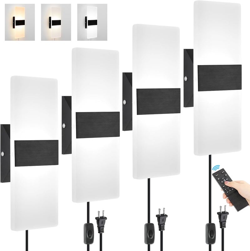 GOODATE 4 Pack Plug in Wall Sconces with Remote Control, Dimmable, Adjustable 3000K-6500K Colors, Black 12W Acrylic LED Plug in Wall Light, Wall Lamps for Bedroom Living Room Hallway Stair - Image 1